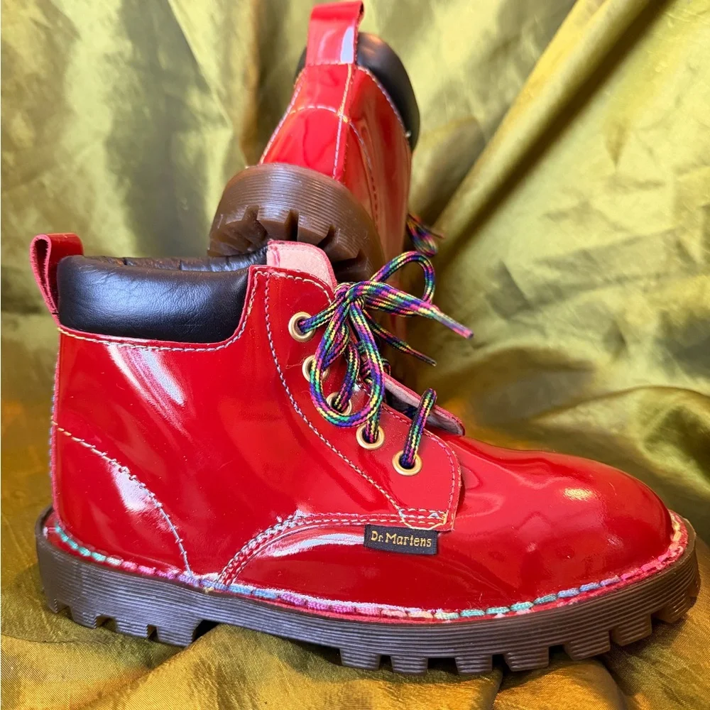 Dr. Martens Vintage Red Leather Boots With Rainbow Stitching